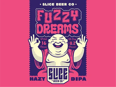 FUZZY DREAMS badge beer branding buddha character craft beer dreams fuzzy halftones illustration lettering packaging typography zen