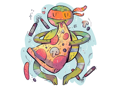 Hungry Mickey art artwork character color cute flat flat illustration illustration journey ninja pizza procreate sticker texture tmnt turtle warrior