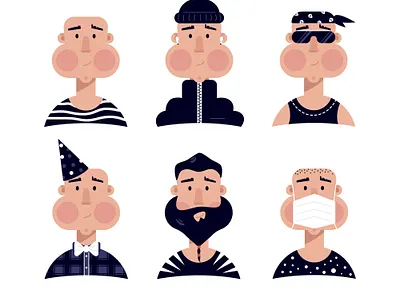Male faces airpod bald beard character cheeks face flat glasses illustration khal drogo male man mask party people person vector