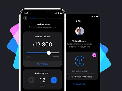 Loan Application With Face ID app app design app protoype banking banking app banking ui kit dark mode fintech app loan app loan calculator mobile app designer mobile ui design neobank neobanking product design sliders ui user interface user interface design ux