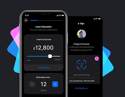 Loan Application With Face ID app app design app protoype banking banking app banking ui kit dark mode fintech app loan app loan calculator mobile app designer mobile ui design neobank neobanking product design sliders ui user interface user interface design ux