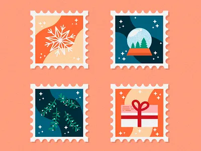 CHRISTMAS STAMPS blue christmas christmas stamp gift grain illustration letter mistletoe noise orange snowball snowflake stamp stars starship tree vector