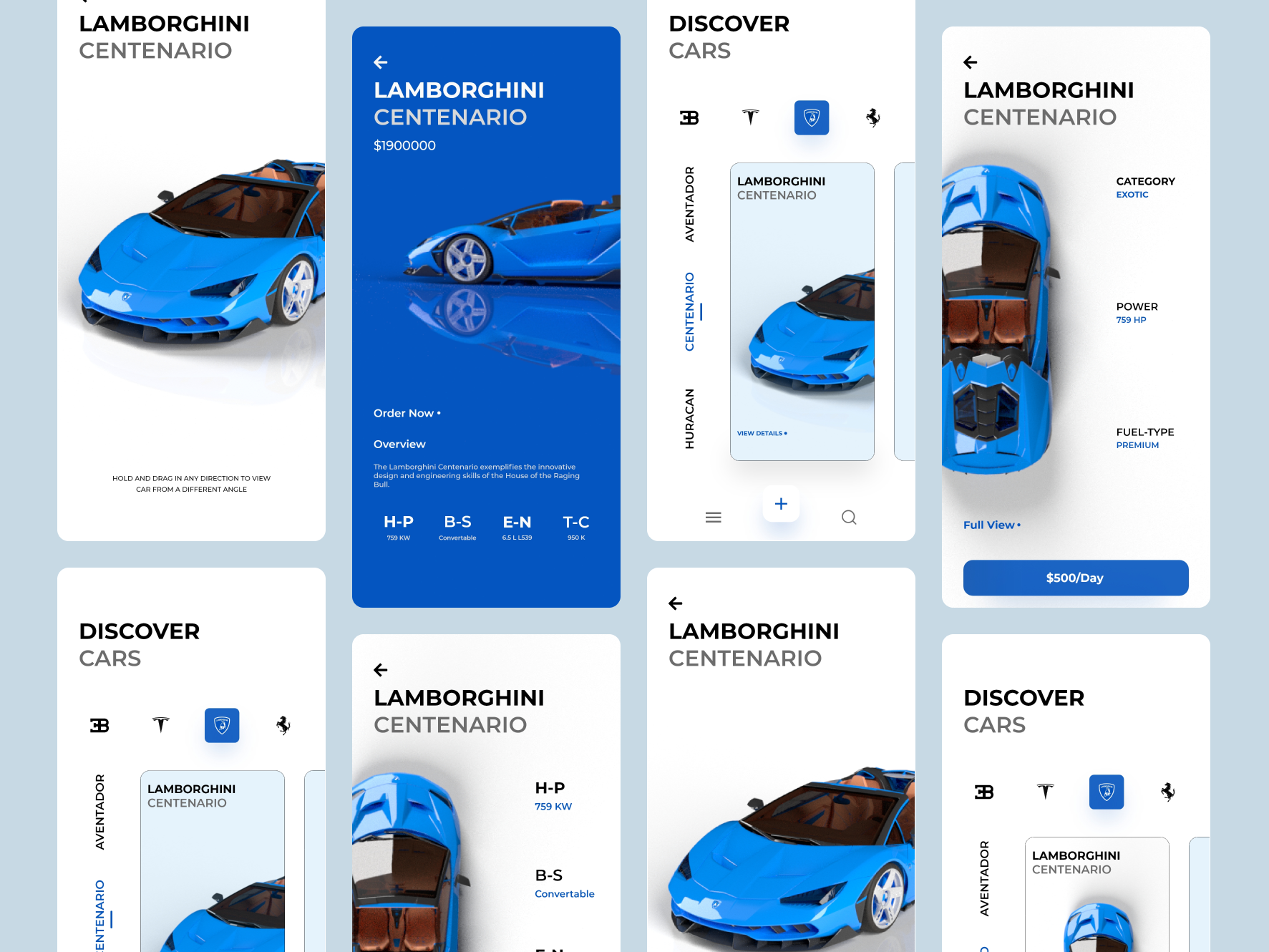 Rental car app app app design application blue bugatti car card cart clean lamborghini market minimal mobile mobile app rental rental car shop ui ui design ux
