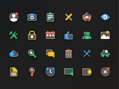 Soft Glassmorphic Icon Set - Dark version adobe illustrator adobe xd blured effect blurred background frosted icon glass effect glassmorphism icon icon design icon set iconography icons illustraion neomorphism neumorphic neumorphism soft ui symbol vector