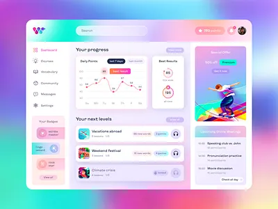 Wordie app app branding bright colorful dashboard education gradient illustration interface language learn procreate stats ui web