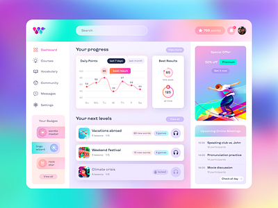 Wordie app app branding bright colorful dashboard education gradient illustration interface language learn procreate stats ui web