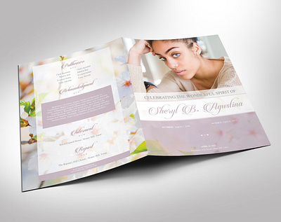 Blossoms Funeral Program Word Publisher large Template 8 pages booklet bi fold brochure burial keepsake cherry blossoms eulogy template female woman mother funeral program large tabloid ledger memory memorial obituary sample purple green pastel spring design word publisher book