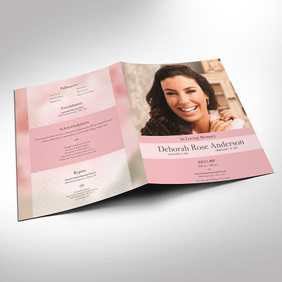 Glamour Funeral Program Word Publisher Tabloid Template bi fold brochure burial leaflet church bulletin eulogy template female girl woman funeral program glamour book memorial service memorial service program memory booklet obituary keepsake pink white blossom tabloid large ledger word publisher