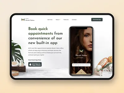 Meraki Salons - App Landing page app landing beauty app book appointment dailyui dailyuichallenge download app hero section ios landing page design minimal salon app salon logo salons ui ui design uidesign uiux ux website