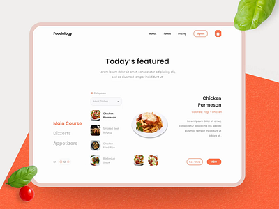 (Freebies) Foodology - Food Selection Page booking delivery food foods landing landingpage orange selection selector shop ui ux uxui website website design