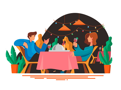 Chilling at restaurant flat illustration character dinner festive flat flat design foods illustration minimalist party restaurant style