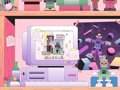 Setup badge branding character flat gradient illustration illustrator logo minimal simple