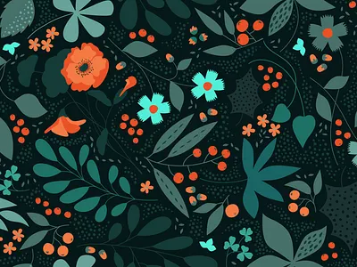 Flower Pattern. Dark version berries bloom blossom botany branches decorative floral flower flowers forest garden leaf leaves nature ornament pattern plant poppy seamless twig