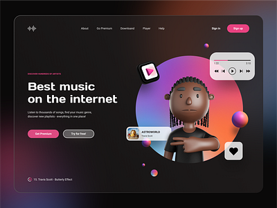 Music Player App Website 3d avatar black blur colors glassmorphism gradient header hero minimalist music music player rap ui ux vibrant website