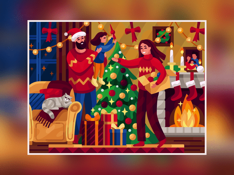 Family enjoing Christmas Eve adobe illustrator aftereffets animator christmas christmas eve christmas family christmas time coloring book family fun fireplace game illustration gif gif animation gifts pinetree vector vector illustration