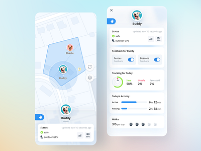 Pet Tracker activity app app design chart concept design glass glassmorphism map mobile mobile app mobile ui pet profile smart device statistics status ui