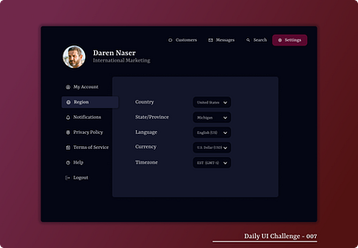 Daily UI 07: Settings country currency daily ui daily ui 007 daily ui challenge dark blue dark mode desktop design language maroon practice province region settings settings page state timezone ux design uxui