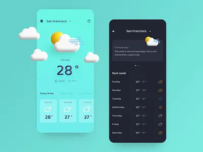 Weather forecast interface 🌤 animation app colorful concept dark theme dark ui design forecast illustration ios mobile mobile app design rain sun ui ui concept weather weather forecast