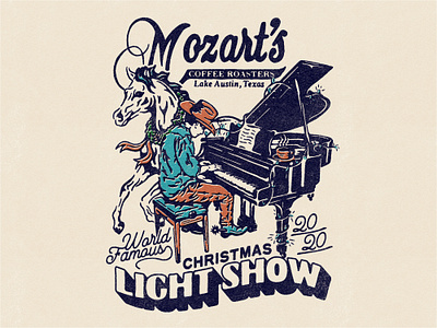 Mozart's Christmas Light Show austin branding christmas christmas lights coffee coffee brand cowboy cowboy hat hat horse illustration merch piano poster shirt vintage wreath