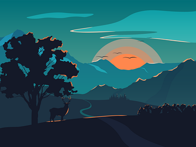 Sunset animal illustration mountains nature