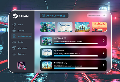 Glassmorphism - Steam Lite concept background blur concept glassmorphism redesign redesign concept ui