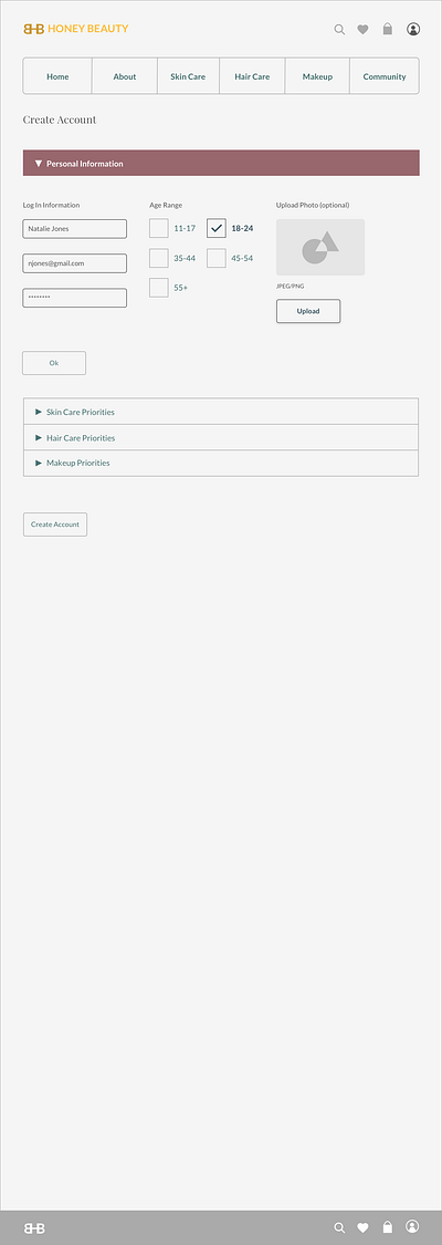 Honey Beauty - Create Account design prototype sketch ui user experience design user interface design ux wireframe