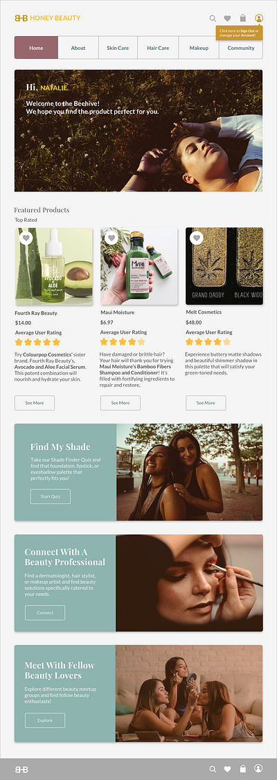 Honey Beauty - Created Account/Logged In Home design prototype sketch ui user experience design user interface design ux wireframe
