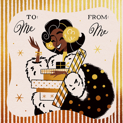 Merry Treat Yo'Self character design christmas christmas card digital art fashion illustration gold gold foil holiday illustration presents procreate vintage vintage fashion winter