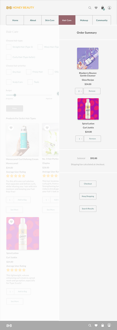 Honey Beauty - Product Checkout design prototype sketch ui user experience design user interface design ux wireframe