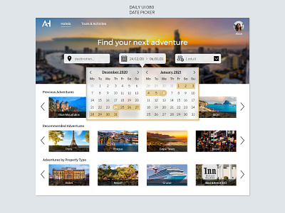 Daily UI 080 - Date Picker 080 adventure booking system daily 100 daily 100 challenge dailyui date range date selector datepicker holiday hotel app uidesign