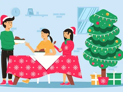 Christmas moment dinner christmas christmas tree design dinner flat flat design flat illustration flatdesign gifts illustration