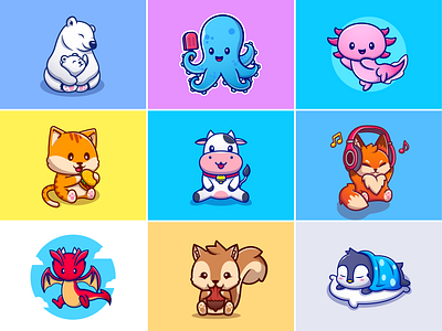 Cute Animals 🐙😺🐮🦊🐿️ animal animal art animal family bear cat character cow cute cute animals dragon illustration logo mascot meals music octopus penguin sleep animal squirrel zoo