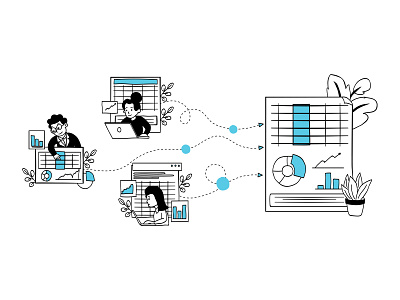 All-in-one workspace illustration for website header branding business illustration character custom illustration excel hear illustration people illustration ui vector illustration vector illustration flat design vector illustrations website illustration