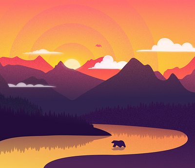 Ciel Brûlant - Burning Sky animal bear burning clouds design flat illustration landscape minimalist modern mountain river sky sun