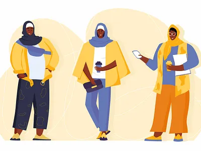 Modern young Muslim women wearing trendy clothes and hijab. african woman american arabic cartoon character diversity east fashion flat girl hijab illustration islam modern muslim outfit people person style woman