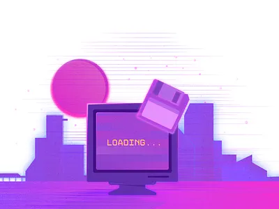 Retro illustration in cyberpunk style art branding city cityscape computer cyberpunk design digital diskette drawing floppy future futuristic illustration neon retro sci fi vector