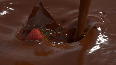 drop strawberry into the Chocolate splash chocolate flipfluid fluid fluid pouring milk milk tea simulation slpash strawberry water