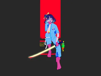 Self Portrait anime character design digital art illustration japanese style katana kawaii neon samurai
