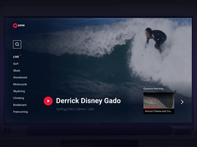 ZONE - Action Sports Streaming App for Smart TV app card cards interface movies smart smartv sports streaming surfing television tv ui