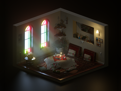 Yalda Night 🍉 3d 3d room antique architecture c4d chelleh cinema 4d dark room illustraion isometric korsi octane persian room render room shabe yalda watermelon window yalda شب یلدا