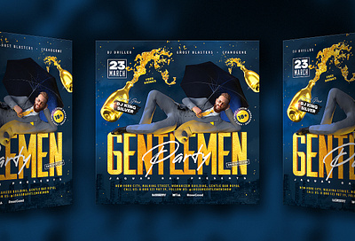 Gentlemen Party Flyer beard champagne club dance dj electro electronic flyer gentleman gentlemen gold golden guy invite man music night sexy suit umbrella