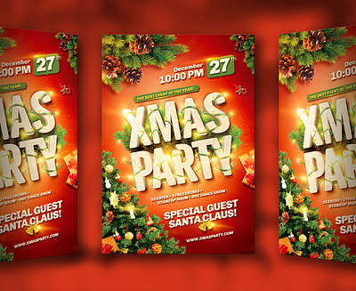 XMas Party Flyer balls christmas claus flyer garlands gift holiday merry new year red santa tree xmas