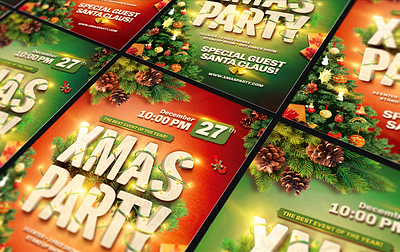 XMas Party Flyer balls christmas claus flyer garlands gift holiday merry new year red santa tree xmas