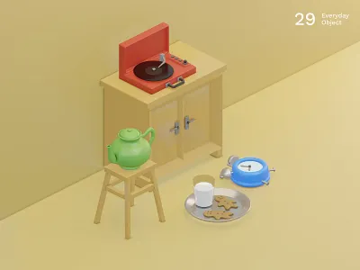 Still life 3 | Everyday object 3d alarm clock blue cabinet colors gingerbread man green illustration kettle milk red vinyl yellow