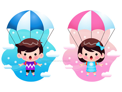 Cute Little Kids Flying With Parachute Cartoon Illustration design flying fun illustration kids mascot parachute vector