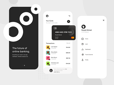 Personal Finance App 2d animations app ui artificialintelligence black and white logo clean ui concept credit card dark ui dashboad debit card finance application fintech app glassmorphism ios app design logos money app online banking ui ux design vectors