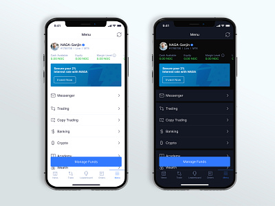NAGA Trader Menu Design iOS app design clean design clean ui dark mode design system digital design fintech app icons ios light mode menu menu design naga naga trader product design trade trader trading app user experience user interface