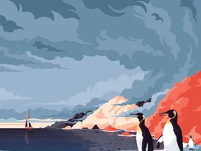 J+41 Ile Macquarie boat cloud flat illustration island landscape photoshop pinguin sail sailing sea storm vector