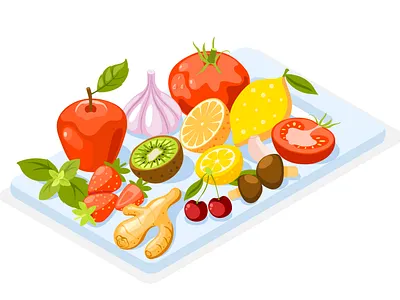 Strengthening immunity composition cartoon fruits illustration immunity isometric strengthening vector vegetables
