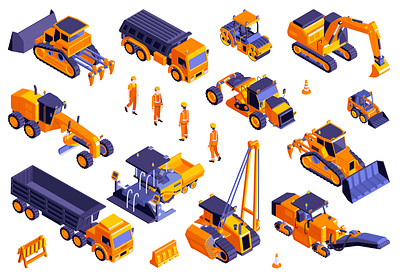 Road construction set bulldozers construction illustration isometric machinery road trucks vector workers